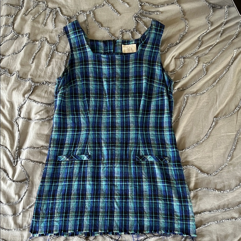 Vintage 90s Blue Plaid Sleeveless Mini Dress